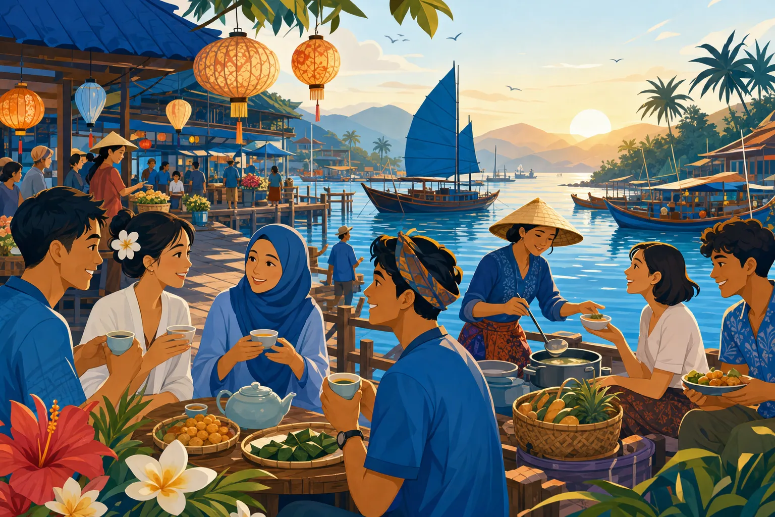 Cheerful Asian coastal harbour scene with people sharing food and tea by the water at golden hour