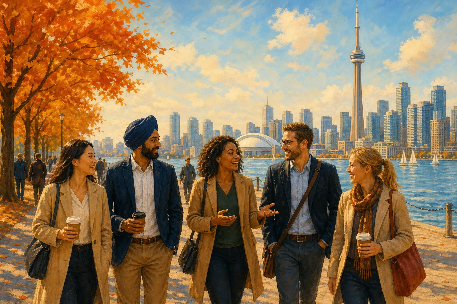 Warm illustration of a diverse group of professionals walking and chatting along a Toronto waterfront with the CN Tower and autumn foliage