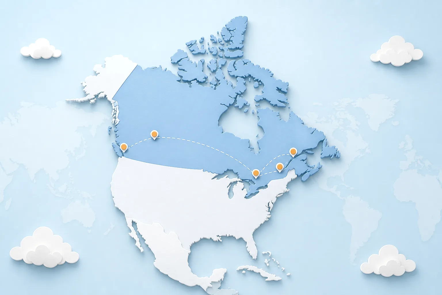 Stylized 3D digital map of Canada showing software delivery connections across major Canadian cities