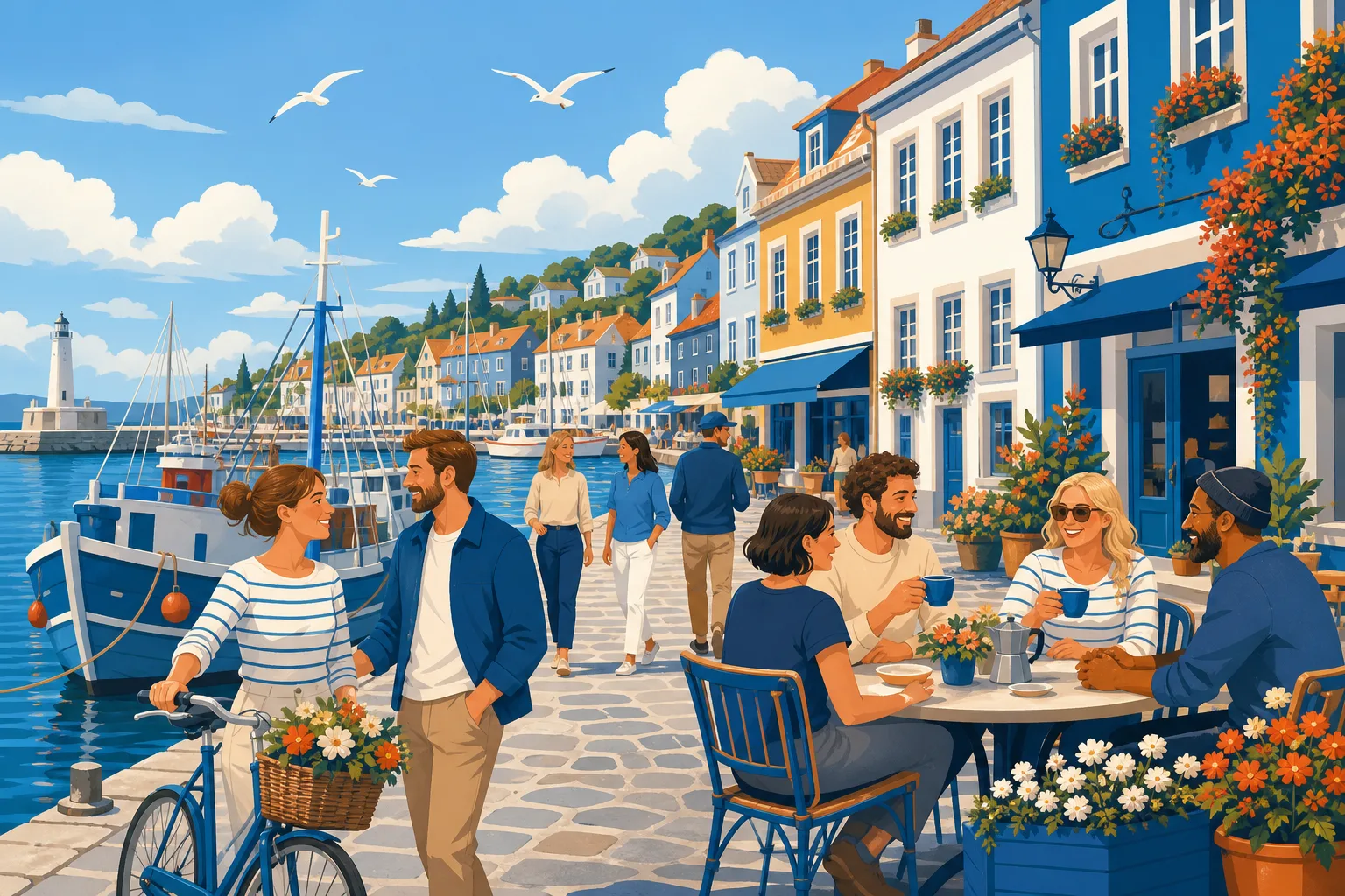 Friendly conversation at a colourful European harbour café with boats and coastal town architecture