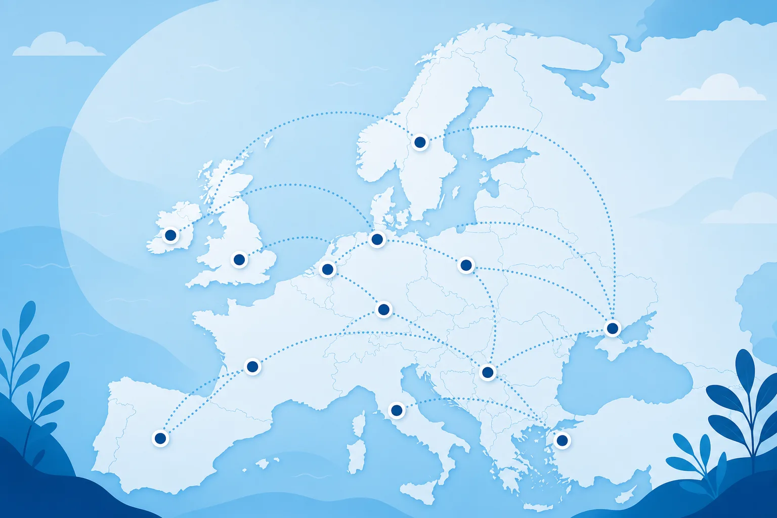 Stylized map of Europe showing software delivery connections across European markets