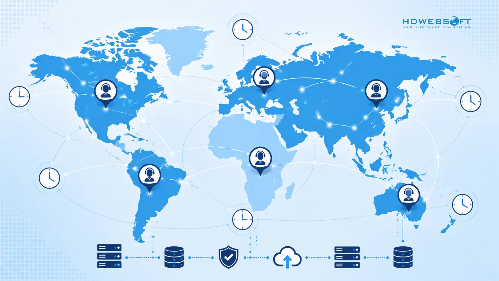 ภาพแผนที่โลกแสดงการครอบคลุม IT support 24/7 ทั่วโลกข้ามเขตเวลา