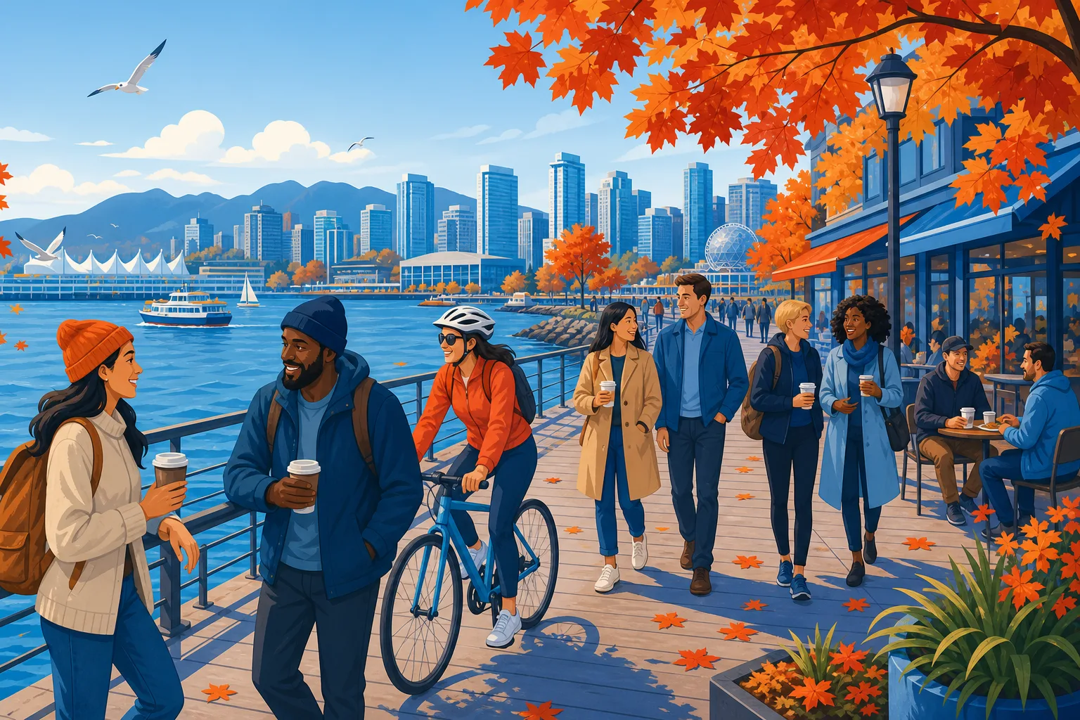 Cheerful people chatting and cycling along a North American coastal boardwalk in autumn