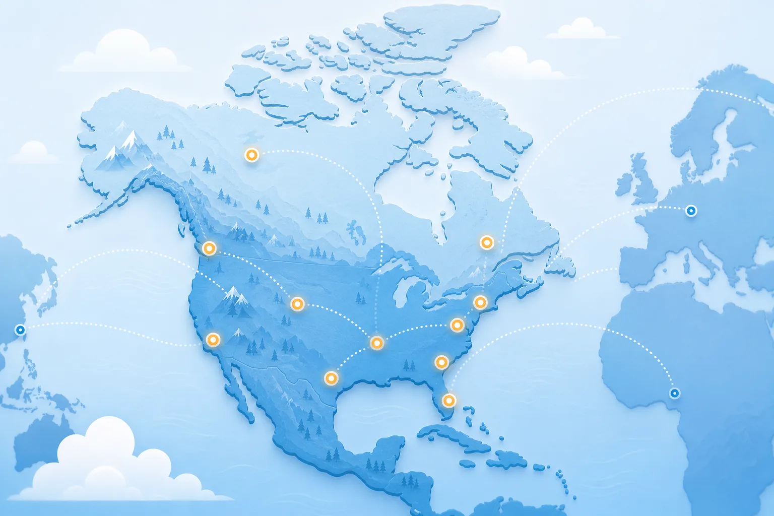 Stylized map of North America showing software delivery connections across the US and Canada