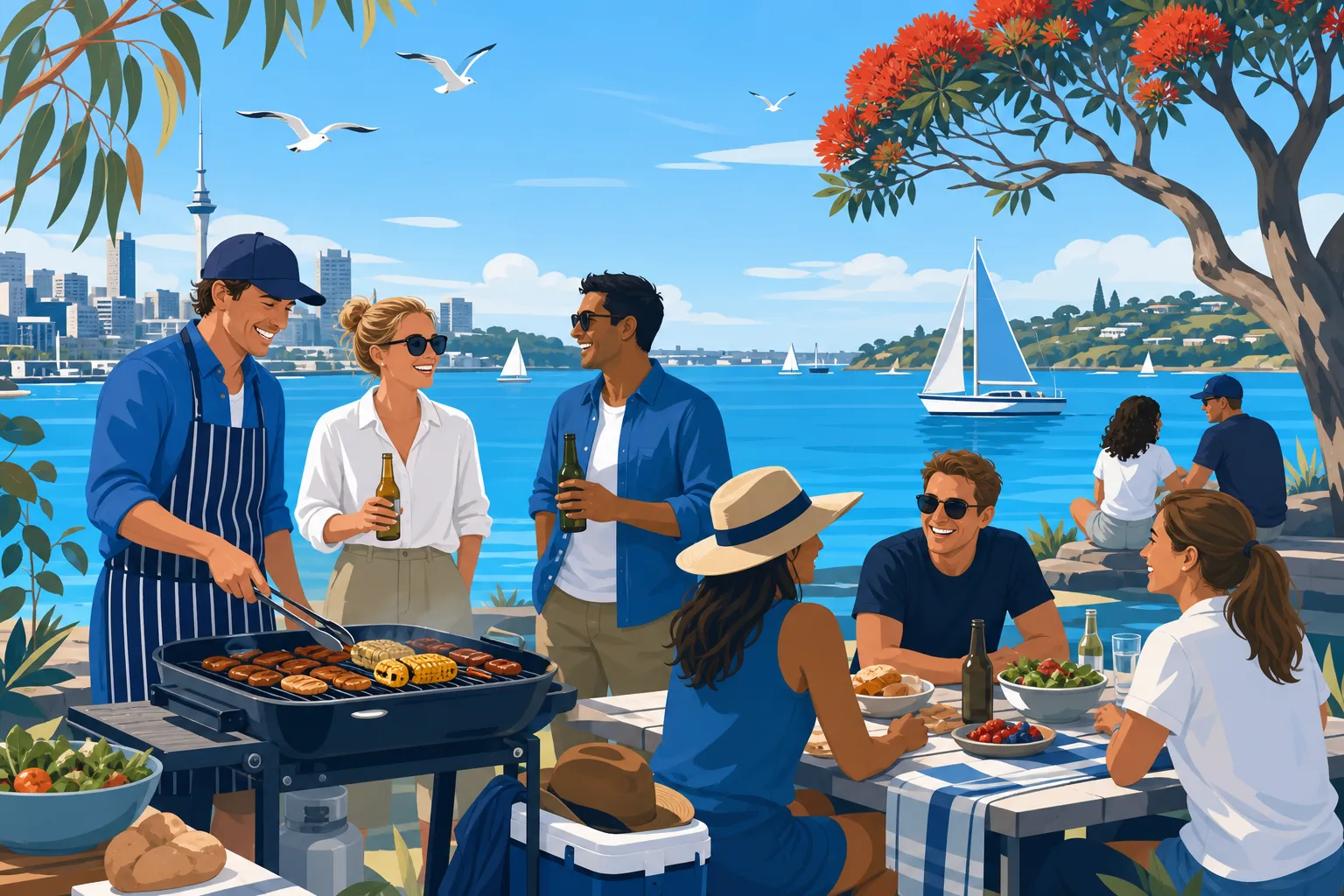 Cheerful harbour-side barbecue and coastal gathering reflecting Oceania culture in Australia and New Zealand