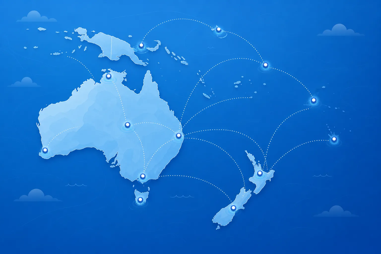 Stylized map of Australia and New Zealand showing software delivery connections across Oceania