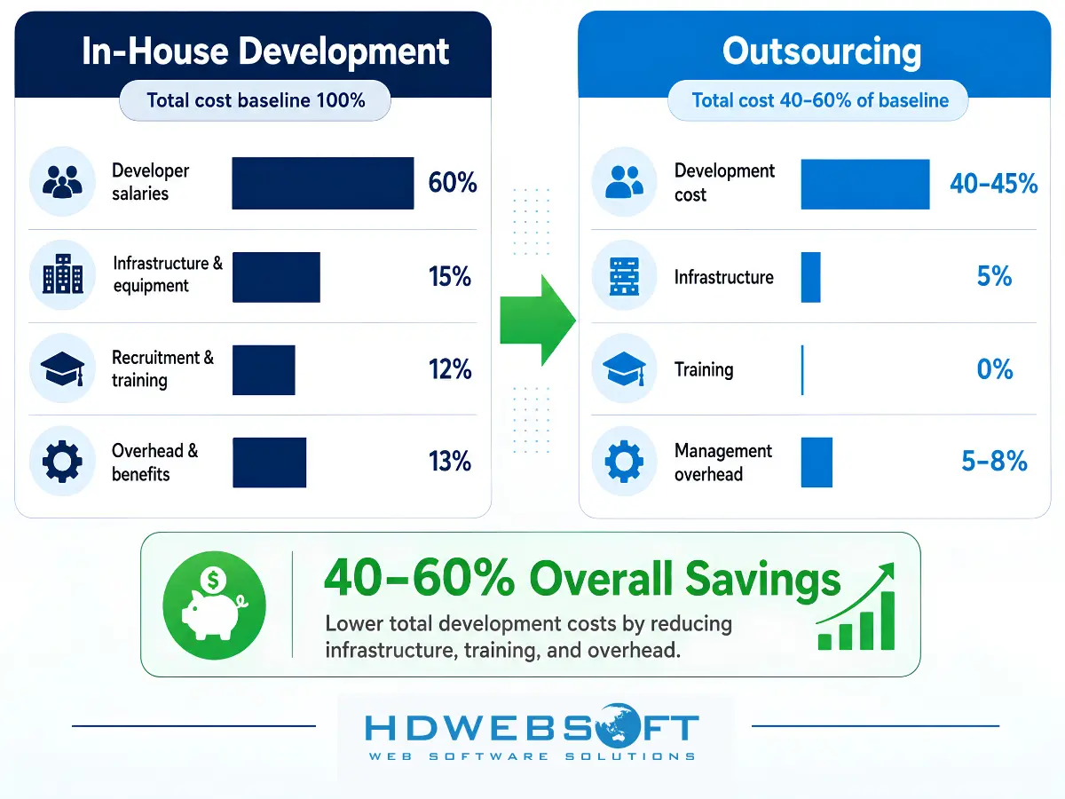 แผนภาพเปรียบเทียบต้นทุนแสดงการประหยัด 40-60% จาก software outsourcing เทียบกับการพัฒนาภายในองค์กร