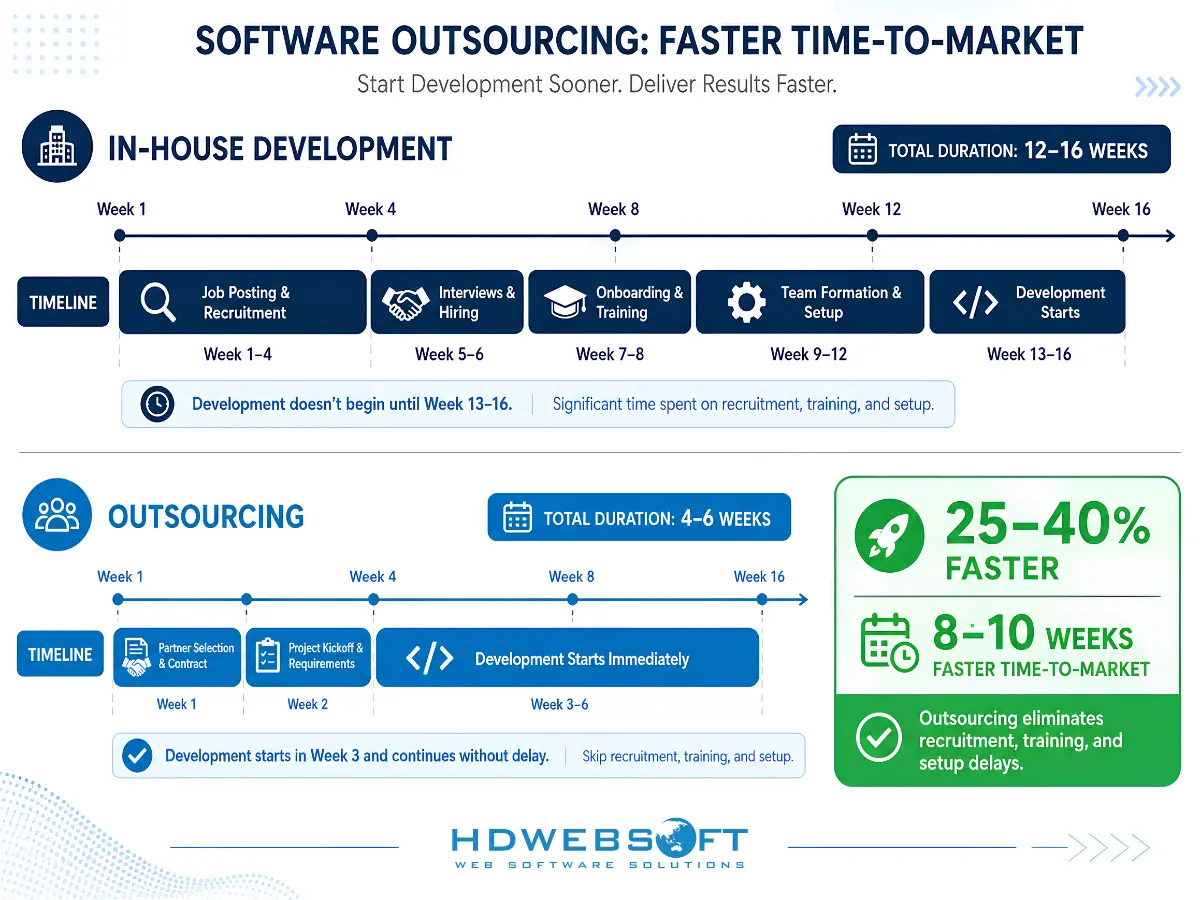เปรียบเทียบเส้นเวลาแสดงการส่งมอบเร็วขึ้น 25-40% จาก software outsourcing เทียบกับการพัฒนาภายในองค์กร