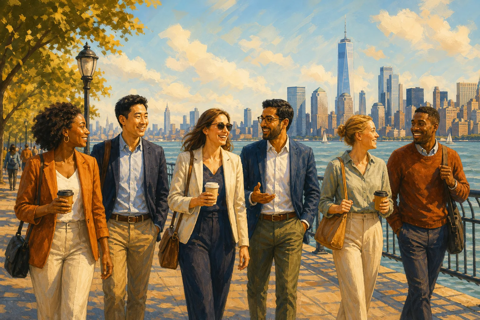 Warm illustration of a diverse group of professionals walking and chatting along a New York City waterfront with the skyline in the background