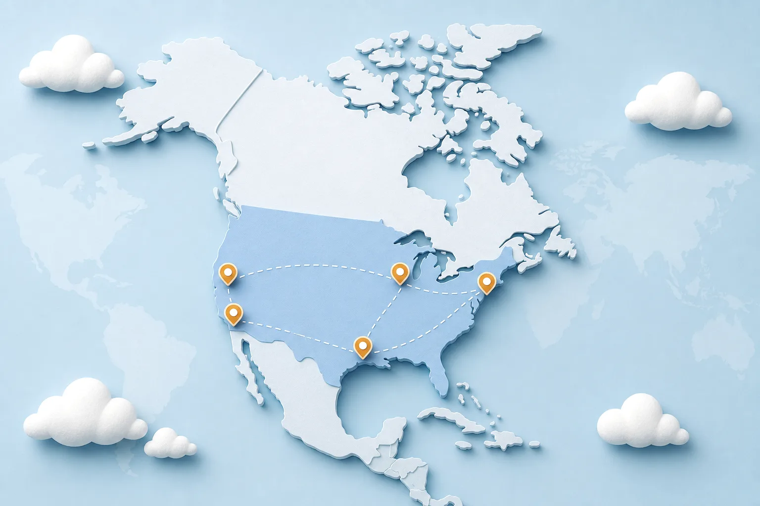 Stylized 3D digital map of the United States showing software delivery connections across major US cities