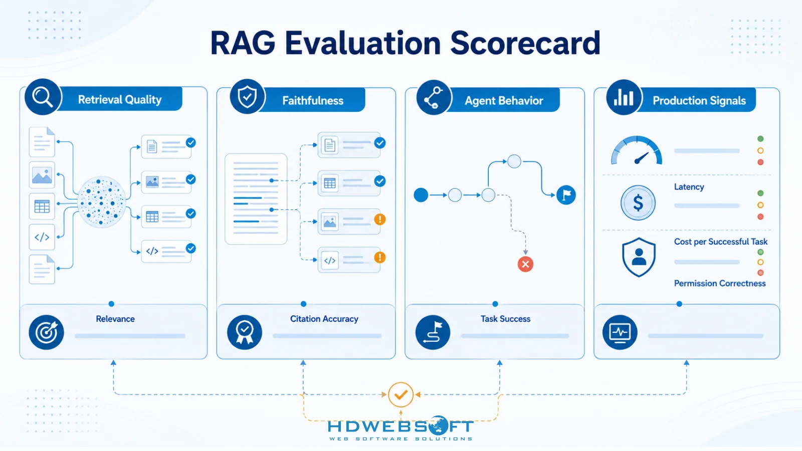 บัตรคะแนนการประเมิน RAG แสดงคุณภาพ retrieval ความซื่อสัตย์ พฤติกรรม agent สัญญาณ production ความแม่นยำของการอ้างอิง ความสำเร็จของงาน latency ต้นทุน และความถูกต้องของสิทธิ์