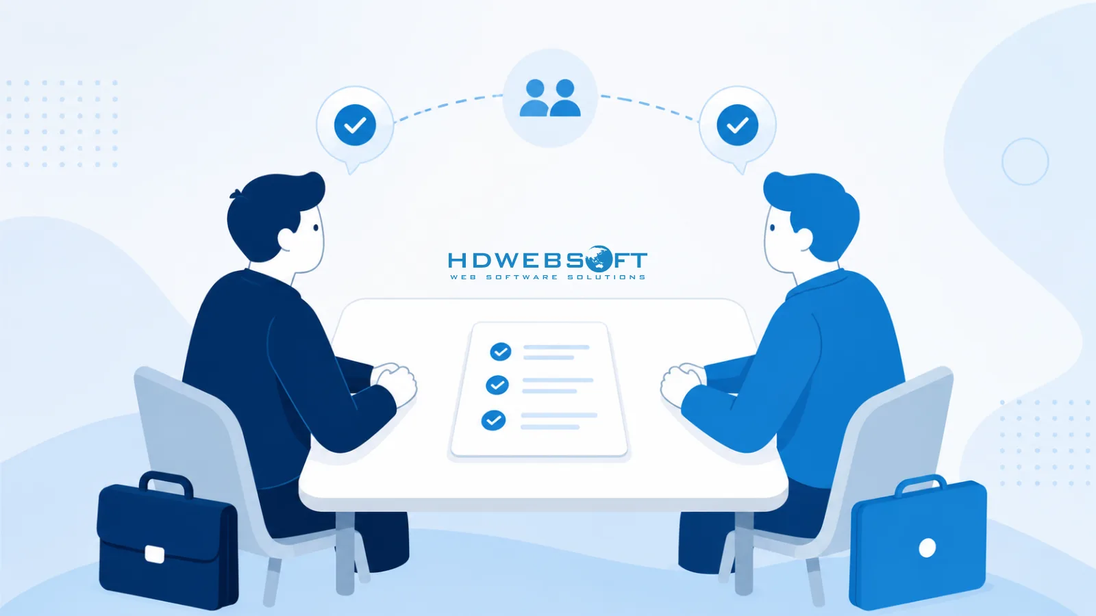 Illustration of a client and outsourcing partner aligning on project fundamentals before starting AI development