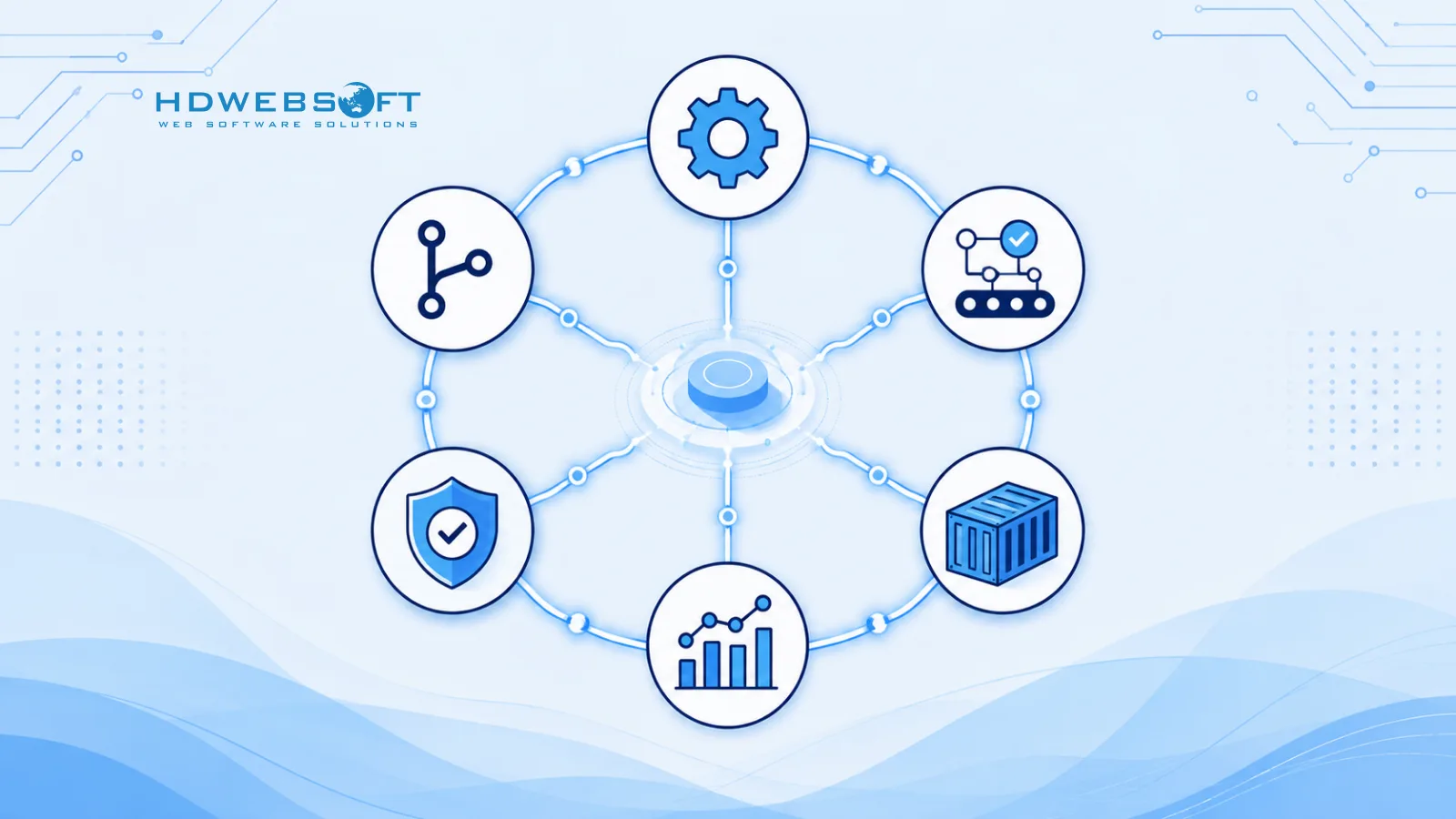 Illustration of a well-integrated DevOps toolchain, showing tool icons arranged in a cohesive formation connected by smooth integration lines, representing coordinated tool selection and governance.