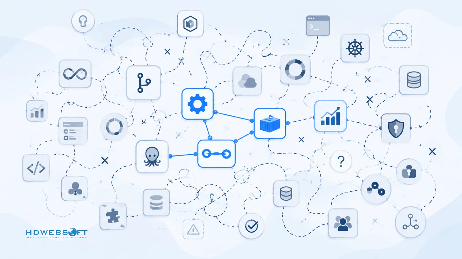 Illustration of tool sprawl in DevOps, showing scattered and overlapping tool icons with broken connections, representing uncoordinated tool adoption without governance.