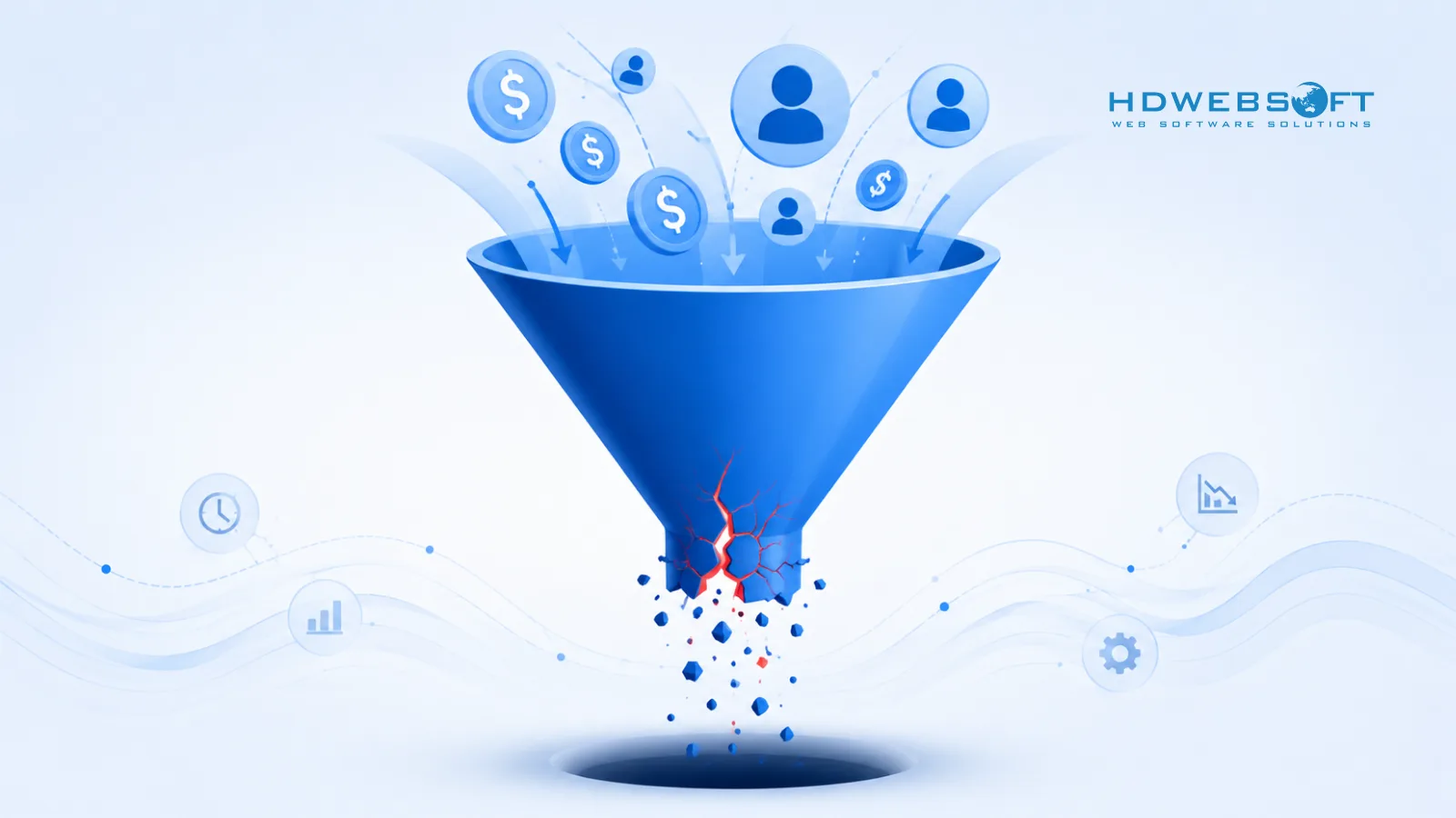 Illustration of a funnel cracked at the bottom, symbolizing trust leaking away after cost and talent are qualified.