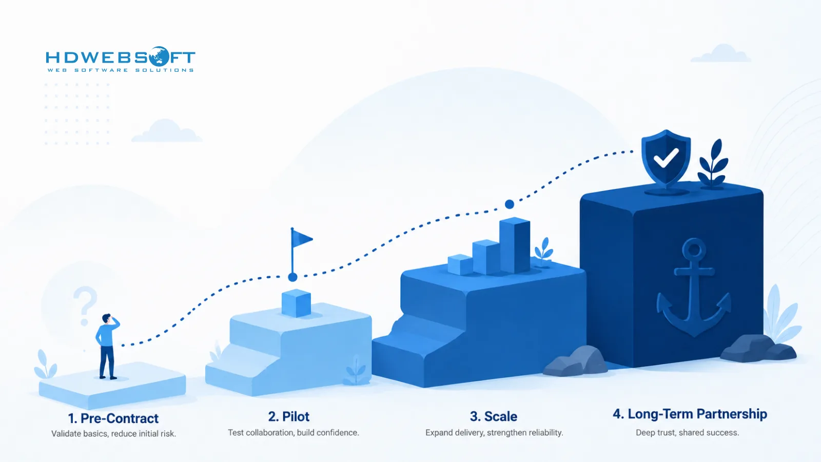 Illustration of four ascending steps representing the trust trajectory from pre-contract to long-term partnership.