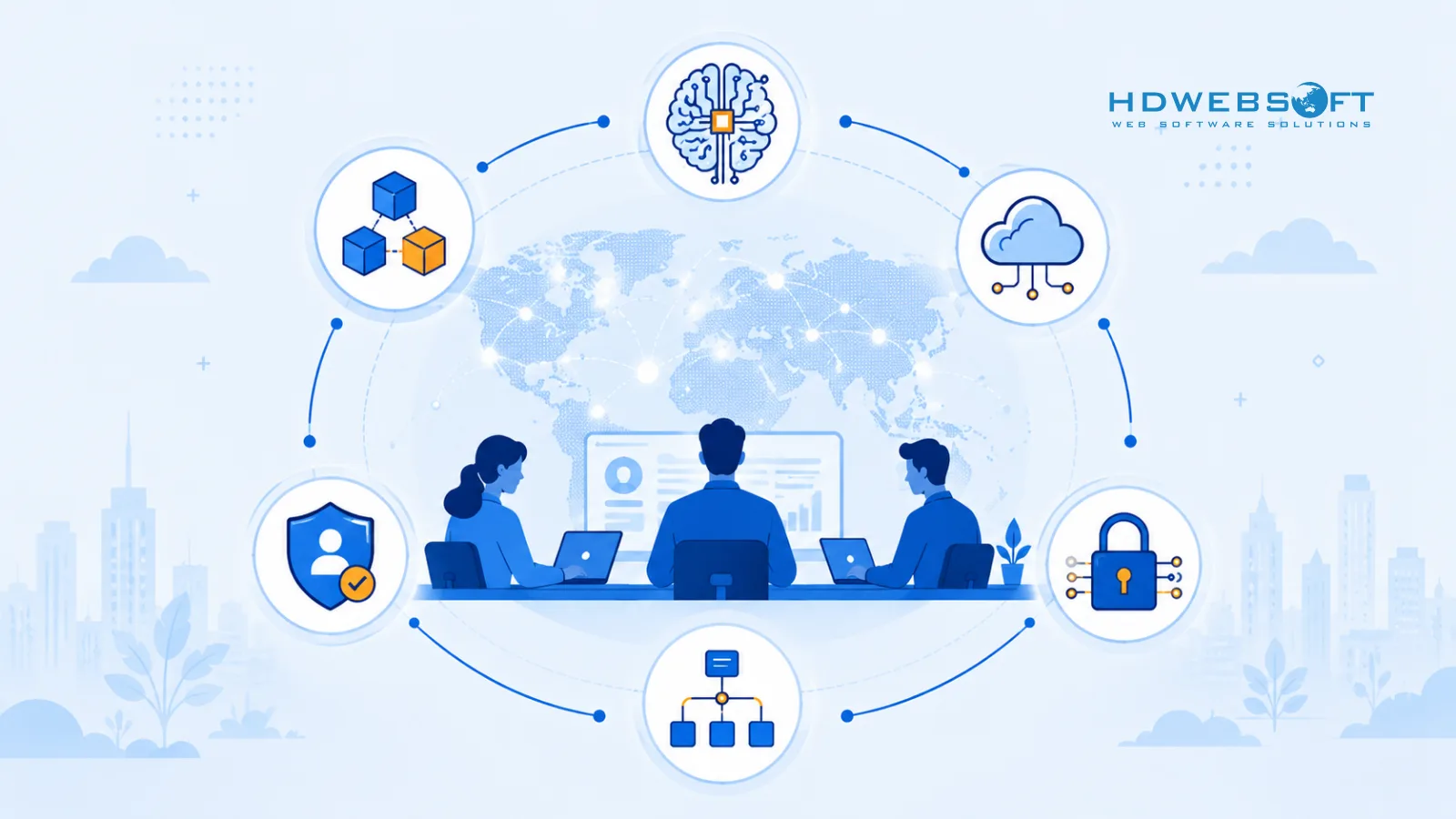 เงาทีม offshore พร้อมไอคอนเทคโนโลยีที่โคจรรอบตัวแทน AI, cloud, composable applications, zero-trust security และ edge computing