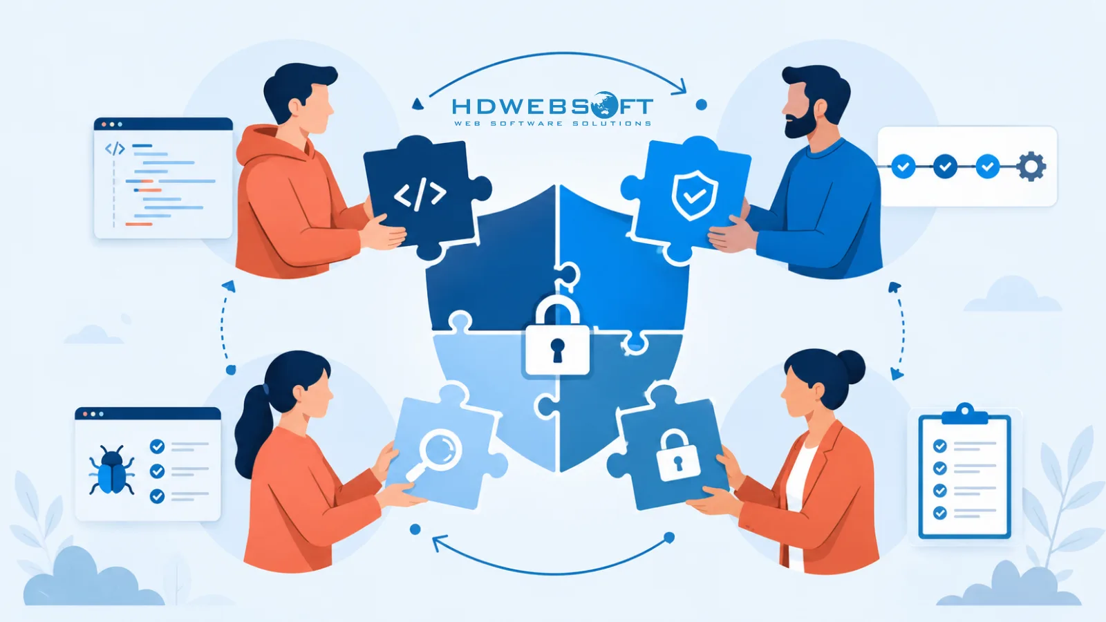 ความรับผิดชอบด้านความปลอดภัยร่วมกันของบทบาทนักพัฒนา DevOps QA และ product owner โดยแต่ละบทบาทถือชิ้นส่วนพซเซิลที่ประกอบเป็นโล่ความปลอดภัยที่สมบูรณ์