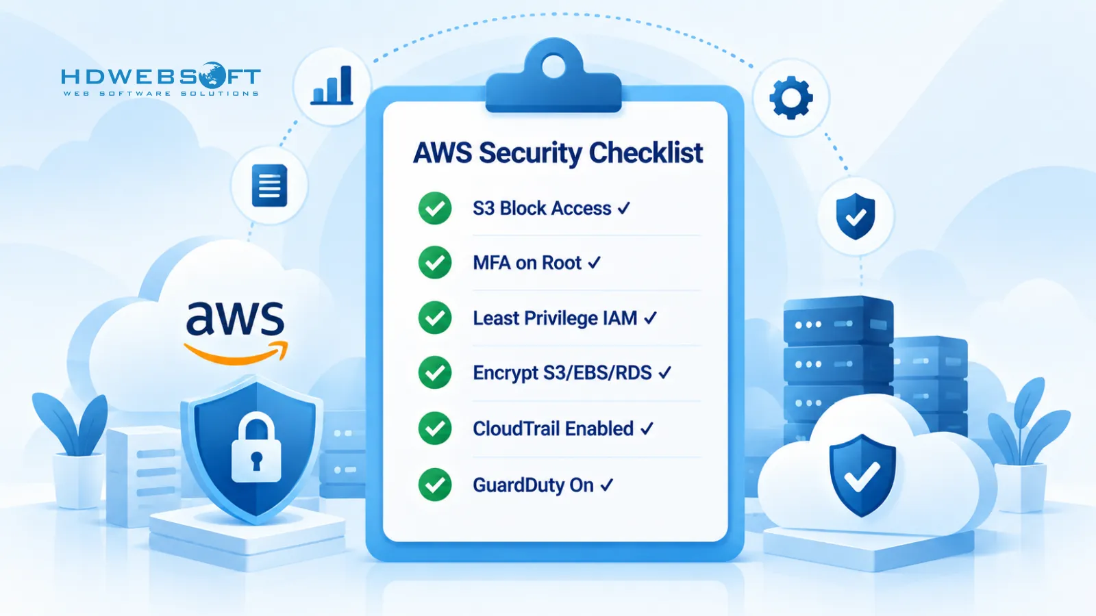 Checklist informativa dei 6 controlli di sicurezza AWS essenziali: S3 Block Access, MFA root, IAM privilegio minimo, cifratura, CloudTrail e GuardDuty.