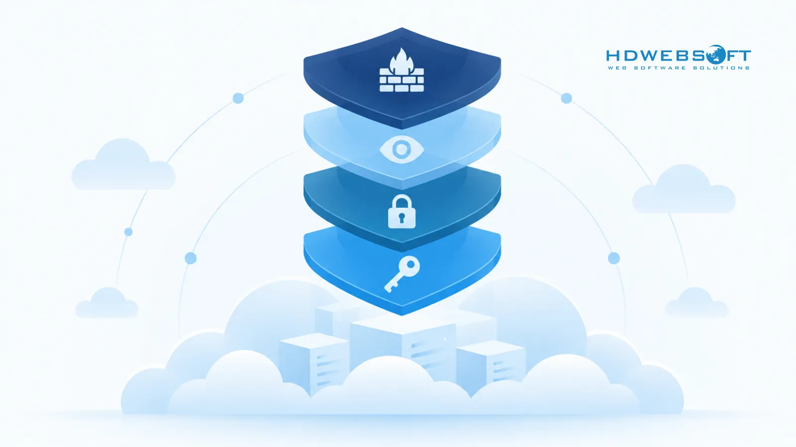Illustrazione decorativa dei controlli di sicurezza AWS a strati — IAM, cifratura, monitoraggio e firewall di rete impilati su una base cloud AWS.