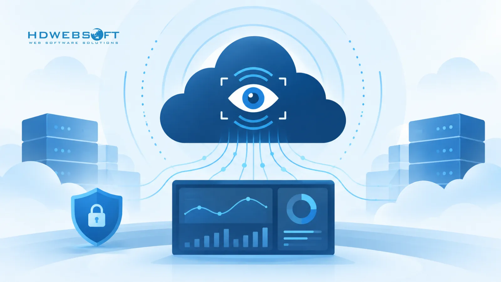 Illustrazione decorativa del monitoraggio della sicurezza AWS con rilevamento delle minacce GuardDuty, logging CloudTrail e scansione in stile radar su un cloud AWS.