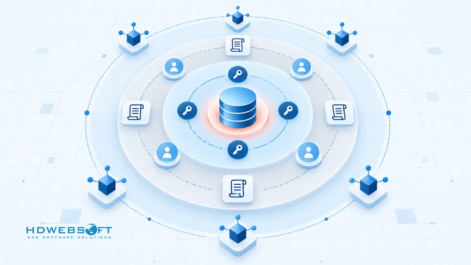 Illustration of four CRM security layers: encryption, access control, audit trails, and secure integrations