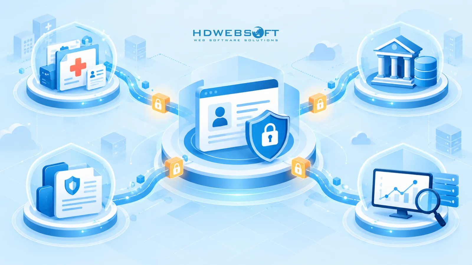 Illustration of a CRM hub securely integrating with EHR, banking, and monitoring systems through audited gateways