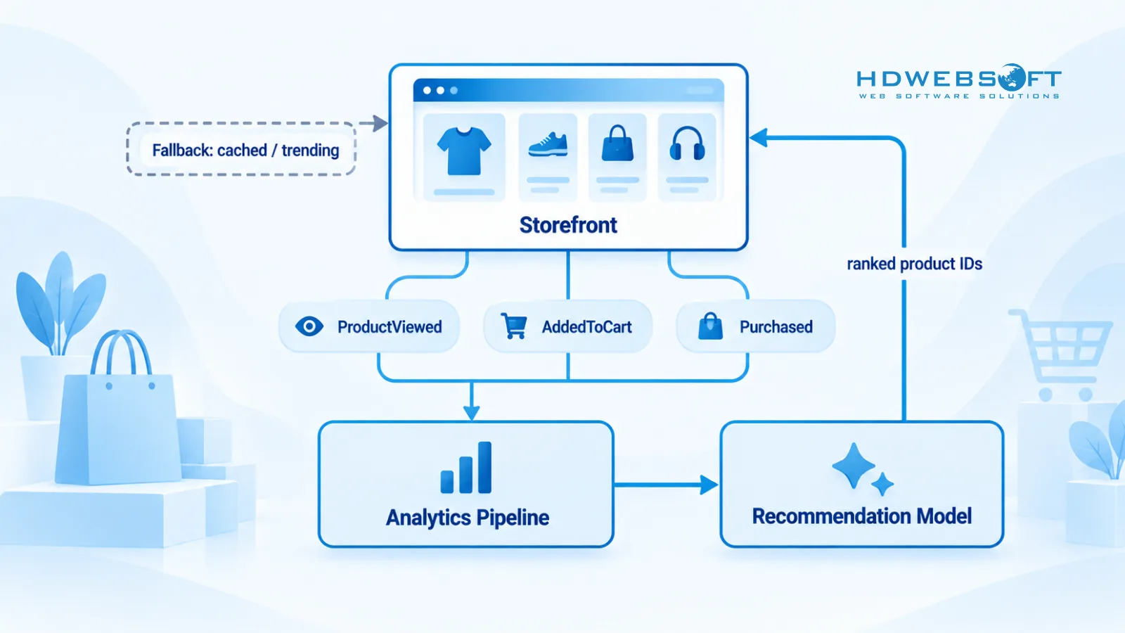 Luồng AI personalization trong headless ecommerce: event từ storefront đi vào analytics pipeline và recommendation model trả về product ID đã xếp hạng, với đường fallback đã cache