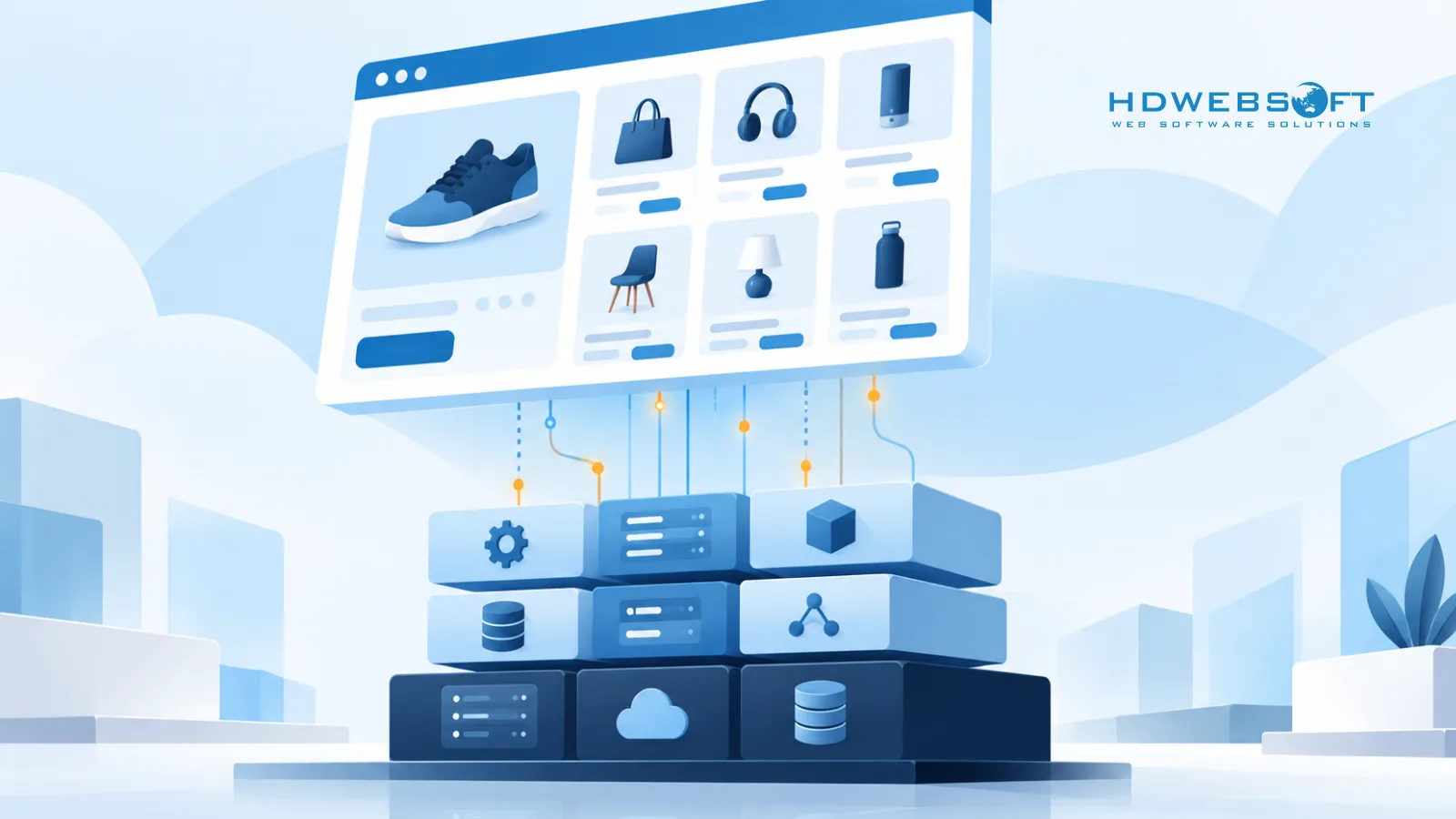Storefront ecommerce tách rời khỏi các module commerce backend, kết nối qua API