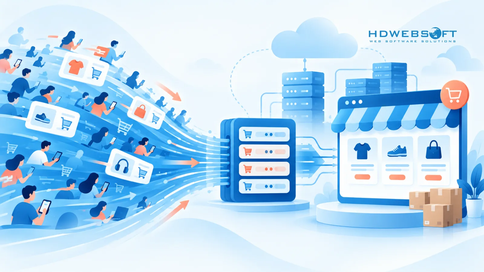 Đợt tăng traffic flash sale ecommerce được queue buffer hấp thụ trước khi tới storefront ổn định