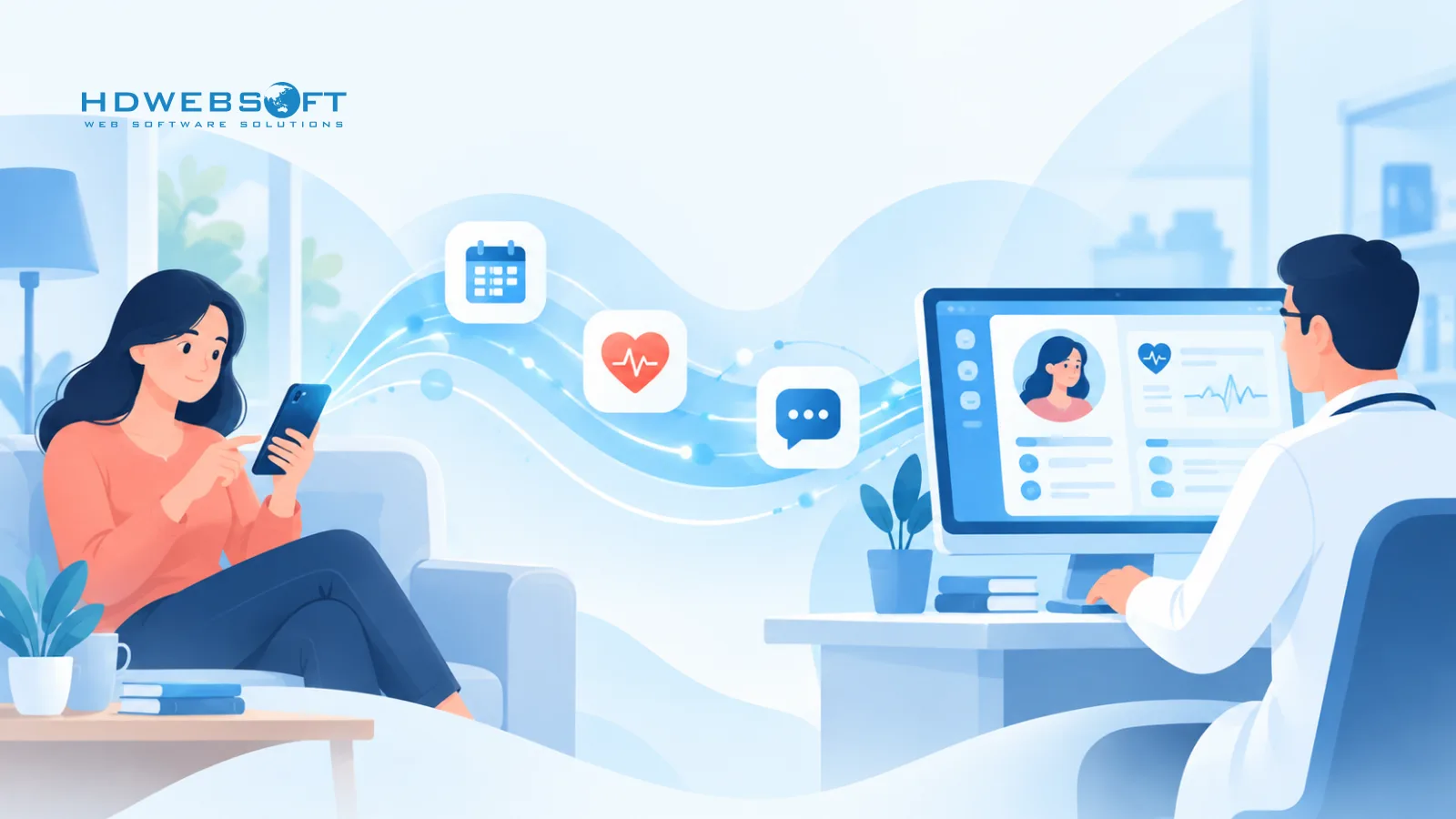 Ein Patient nutzt eine mobile Gesundheits-App, die über einen digitalen Datenstrom mit einem Leistungserbringer verbunden ist.