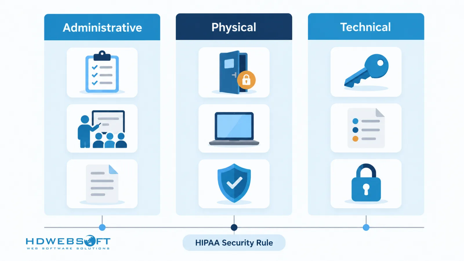 Die Safeguards der HIPAA Security Rule gegliedert in administrative, physische und technische Kategorien.