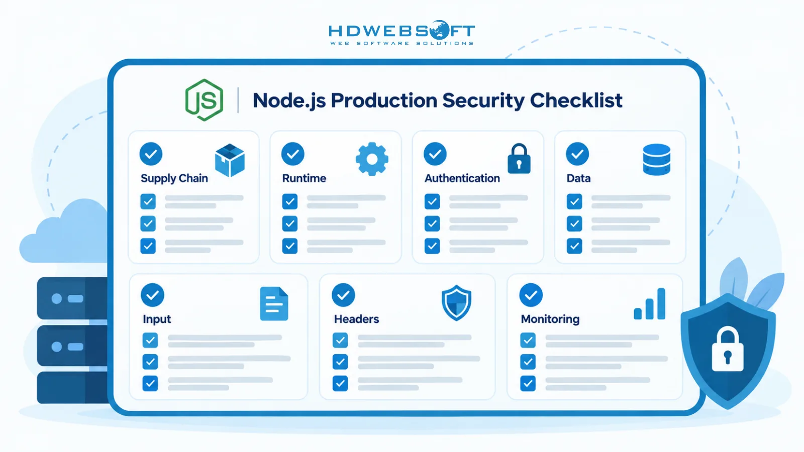 Una lavagna di checklist di sicurezza per la produzione con sette sezioni raggruppate — supply chain, runtime, autenticazione, dati, input, header e monitoraggio — ciascuna contrassegnata con un segno di spunta, a rappresentare un programma di sicurezza Node.js completo.