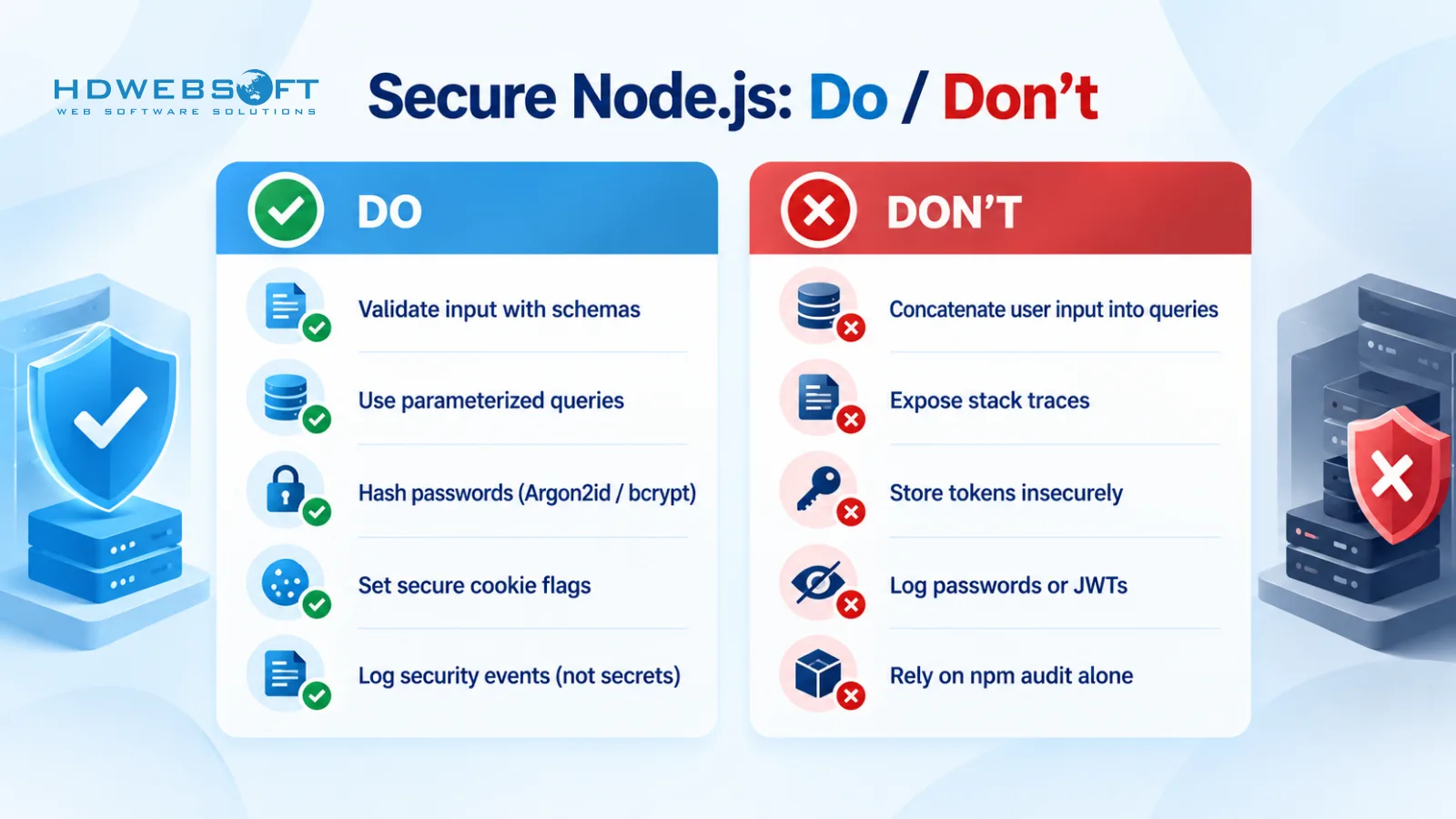 Infografica: checklist Do / Don't per Node.js sicuro con indicazioni sintetiche su validazione, query, password hashing, cookie, logging ed errori comuni da evitare.