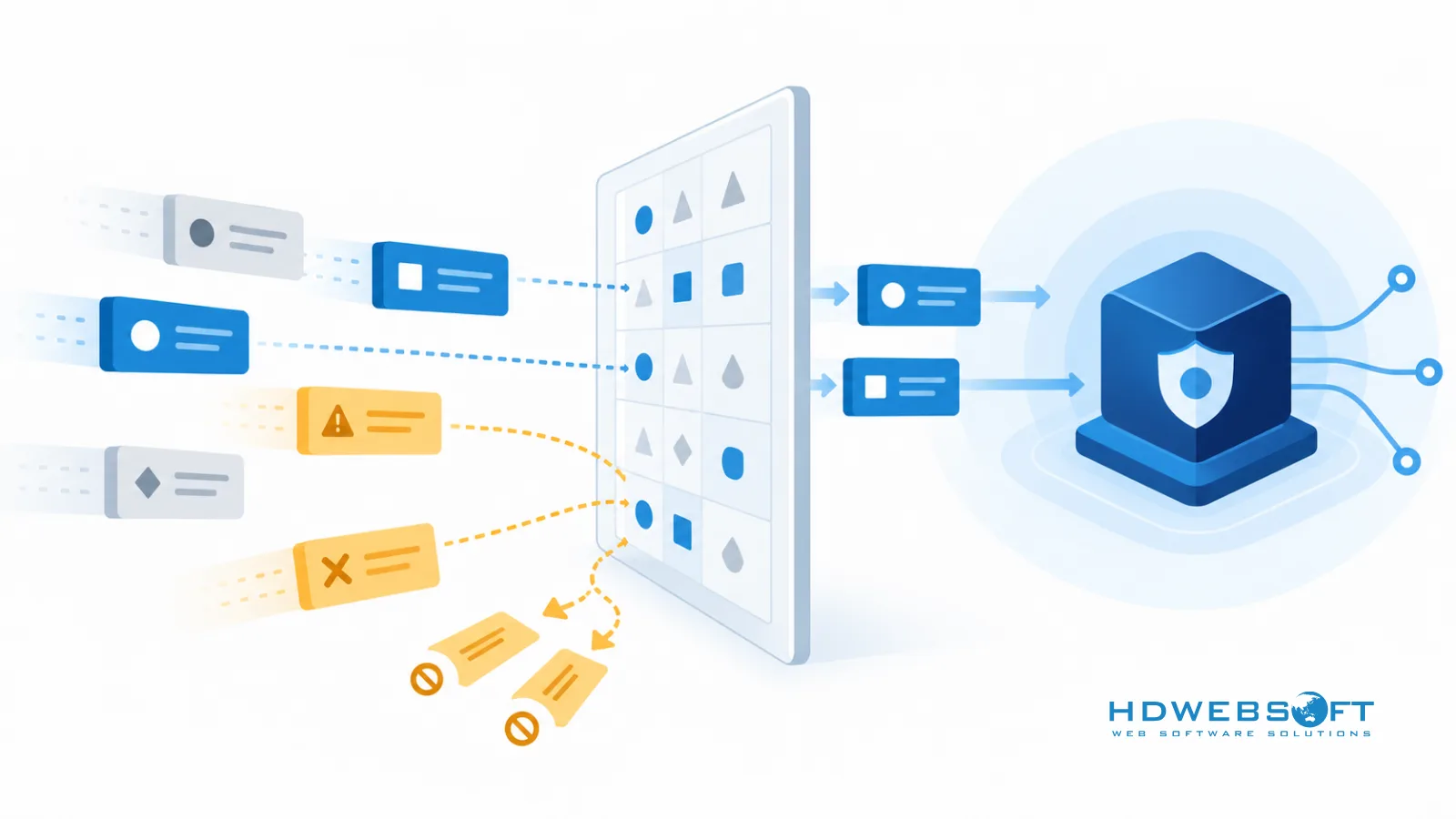 Illustrazione decorativa di un confine di input in cui i dati passano attraverso un filtro di validazione prima di raggiungere il core API Node.js.