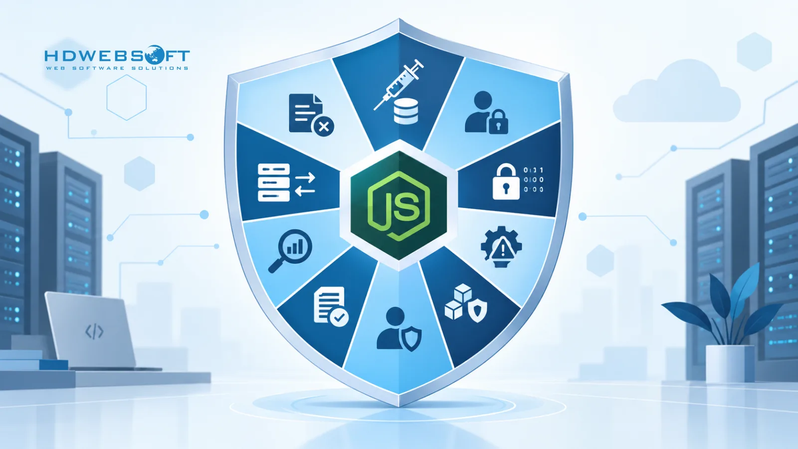 Uno scudo diviso in dieci segmenti che rappresentano le categorie OWASP Top 10:2025, con il marchio esagonale di Node.js al centro, a illustrare la copertura di sicurezza completa.