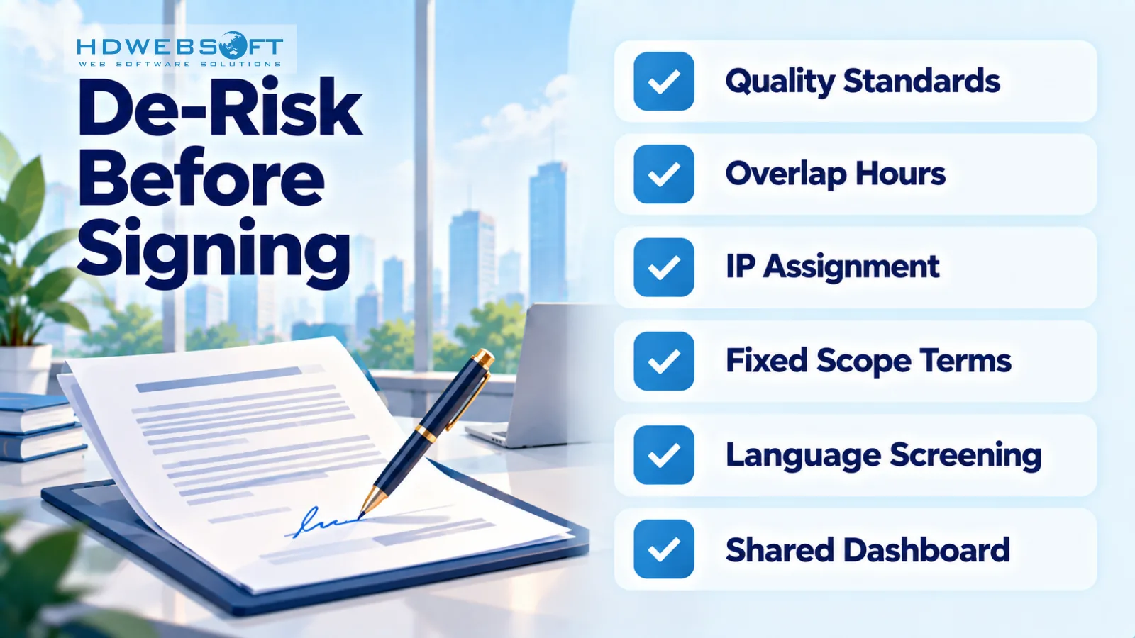 Checklist หกมาตรการลดความเสี่ยงก่อนเซ็นสัญญา: มาตรฐานคุณภาพ ช่วงเวลาทับซ้อน การโอนสิทธิ์ IP เงื่อนไขขอบเขตที่แน่น การคัดกรองภาษา dashboard ร่วม