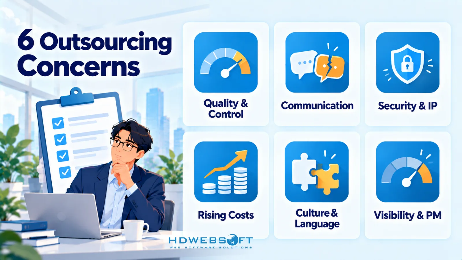 ความกังวล IT outsourcing หกข้อที่พบบ่อย: คุณภาพ การสื่อสาร ความปลอดภัย ต้นทุน วัฒนธรรม และการมองเห็น
