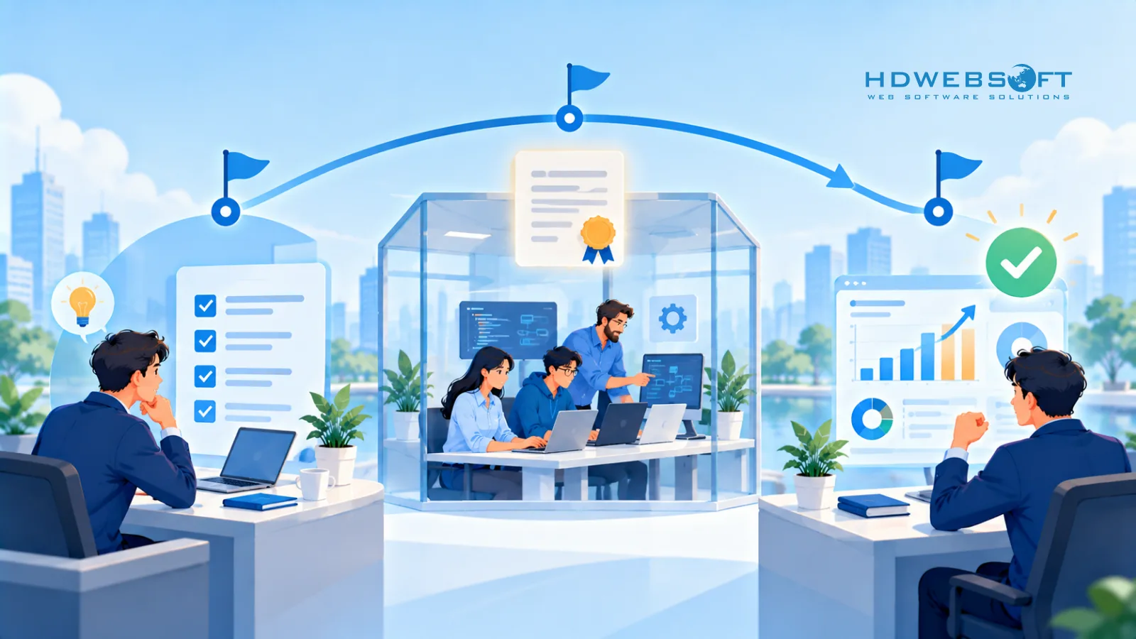 ภาพประกอบการทำงานของ engagement outsourcing: ลูกค้านิยามขอบเขต ผู้ให้บริการปฏิบัติ และผลลัพธ์ที่ยืนยันแล้วไหลกลับ