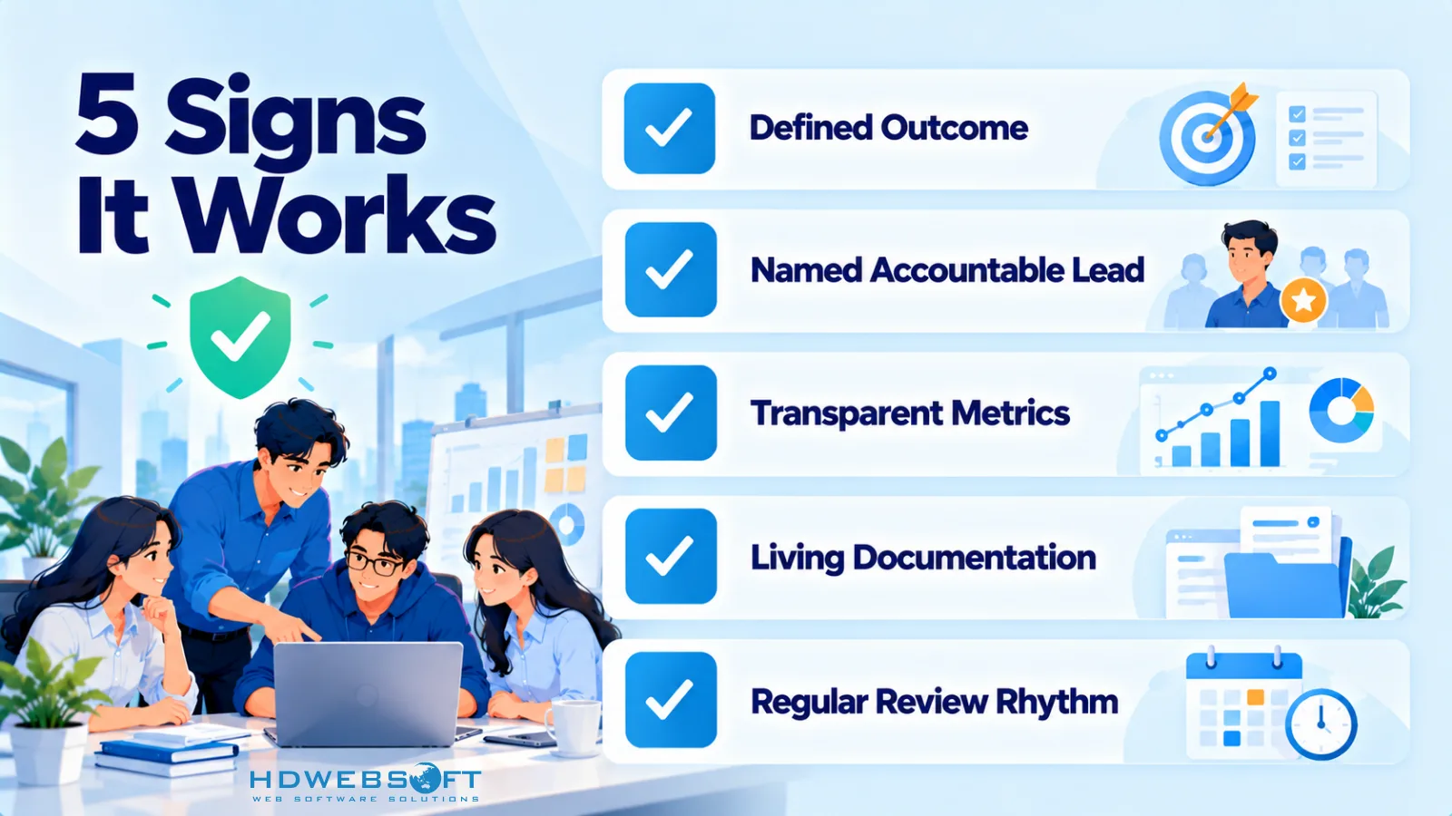 เช็กลิสต์ห้าสัญญาณ outsourcing ที่ได้ผล: ผลลัพธ์นิยามแล้ว lead รับผิดชอบ metrics โปร่งใส เอกสารมีชีวิต จังหวะ review สม่ำเสมอ
