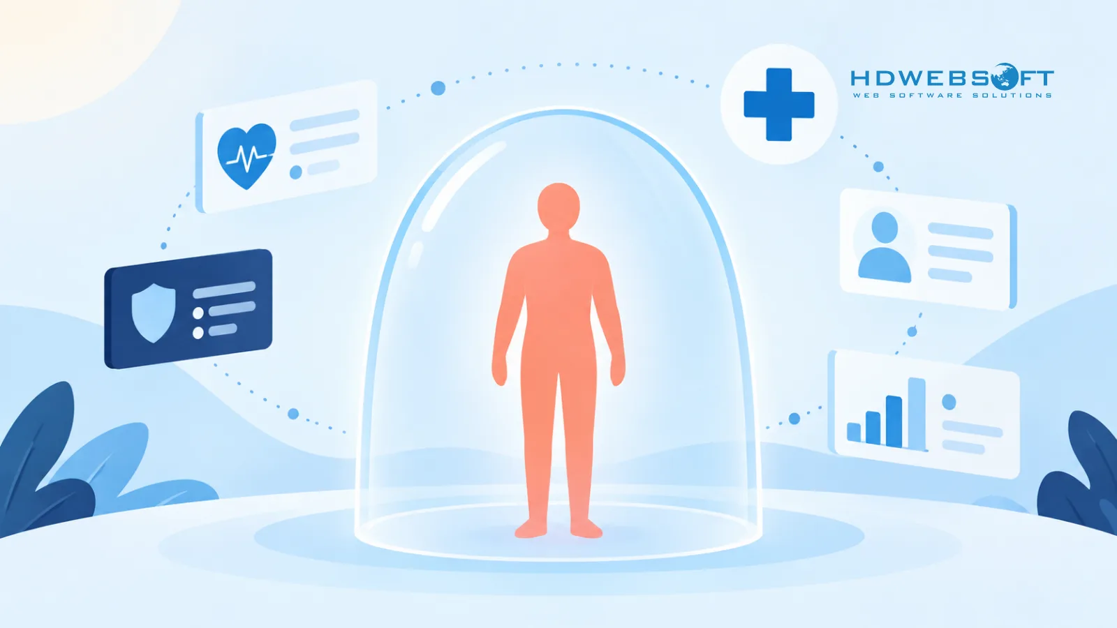 Eine Patientensilhouette, geschützt durch einen Datenschutzschild, der fest im umgebenden Softwaredesign verankert ist.