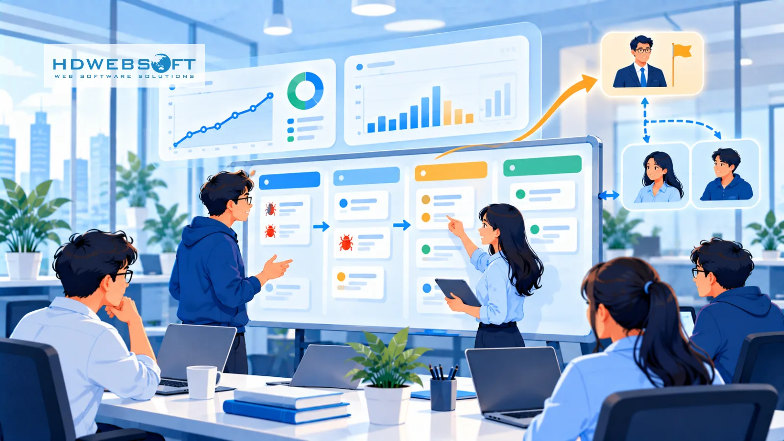ภาพประกอบการทำงาน QA รายวันที่ดี: kanban board ร่วม การสนทนา tester-developer แบบฝังตัว และ dashboard coverage แบบสด