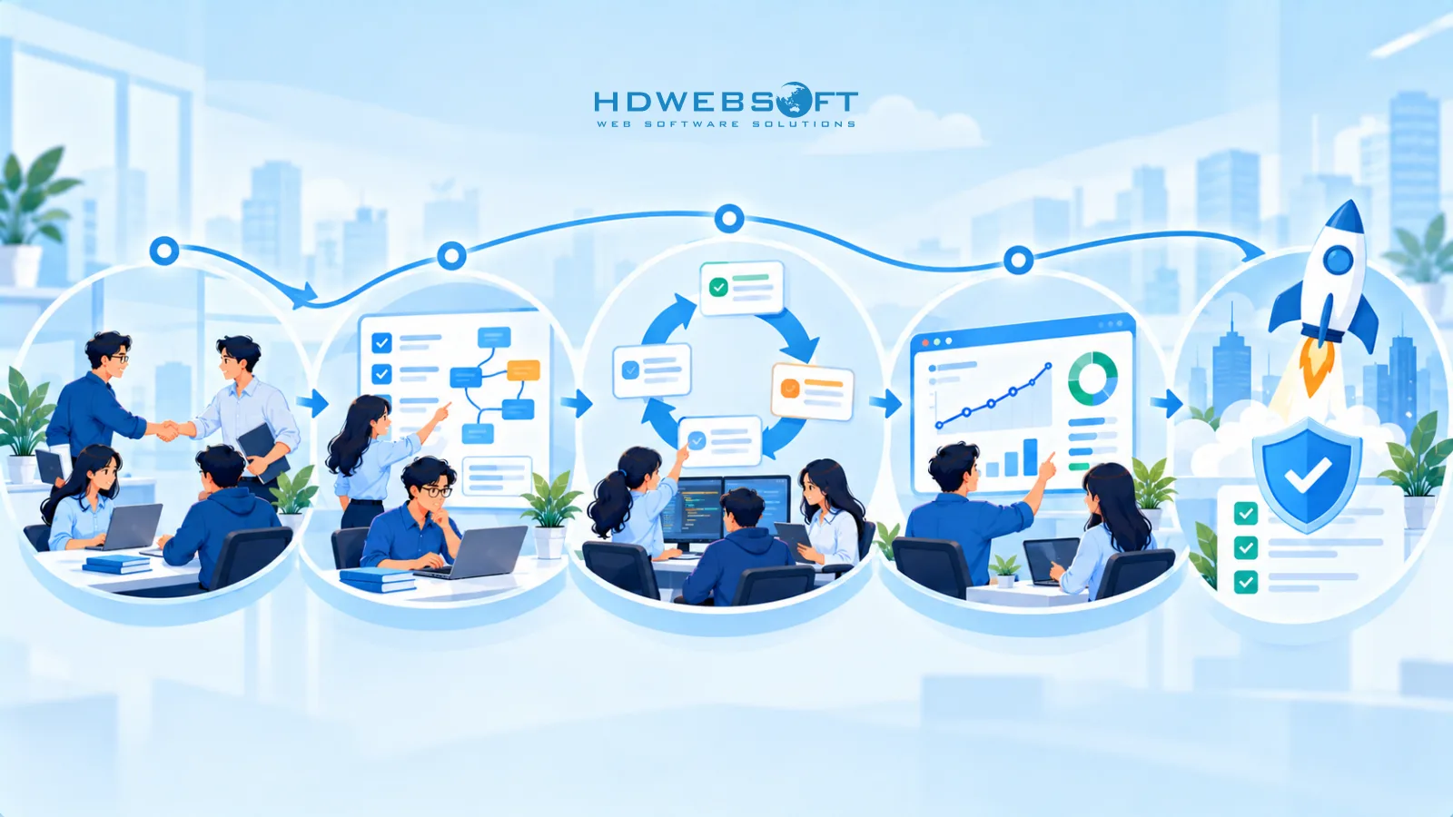 ภาพประกอบวงจรชีวิต 5 ขั้นของ engagement QA ภายนอก: onboarding วางแผน test รันใน sprint รายงาน และสนับสนุน release