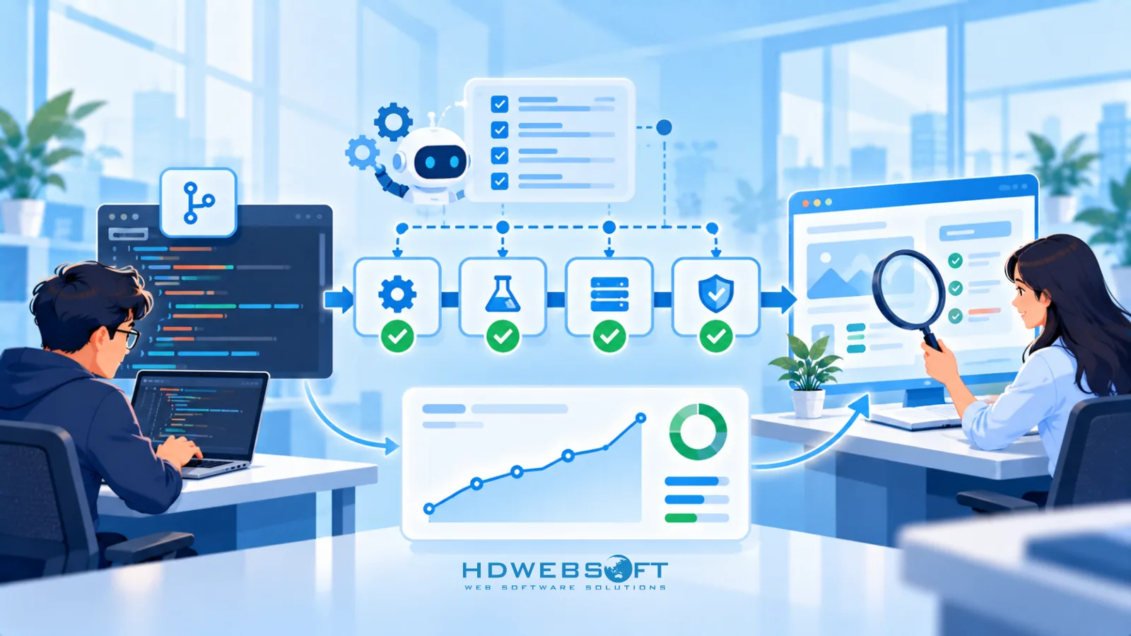 ภาพประกอบ QA ภายนอกยุคใหม่: pipeline ทดสอบอัตโนมัติและ AI ช่วยสร้าง test case เคียงข้าง tester มนุษย์ทำ exploratory testing