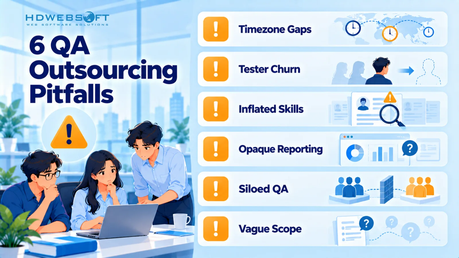 เช็กลิสต์หกข้อผิดพลาดทั่วไปของ QA outsourcing: ช่องว่างเขตเวลา tester churn ทักษะพอง การรายงานทึบ QA silo และ scope คลุมเครือ