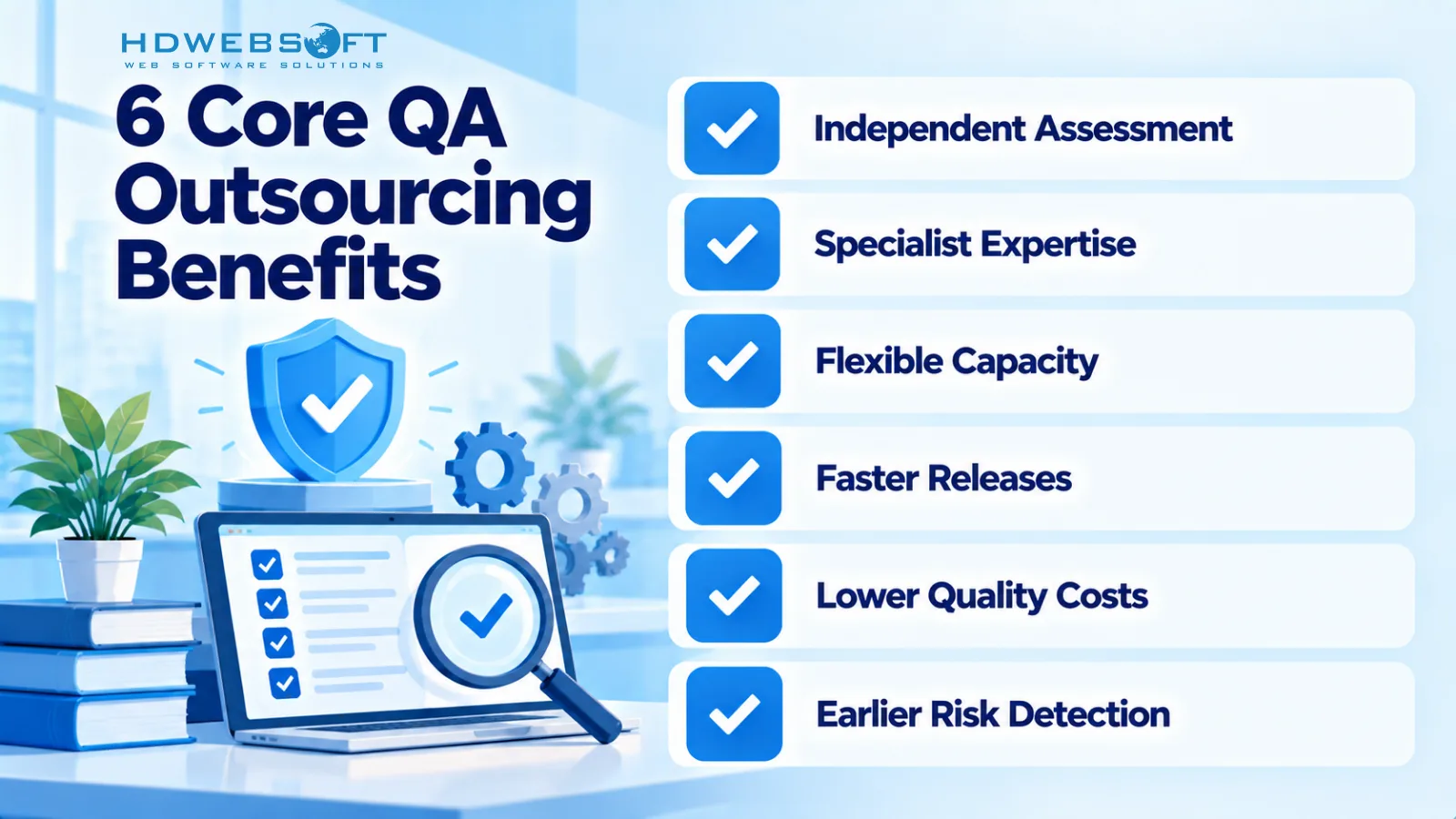 เช็กลิสต์หกประโยชน์หลักของ QA outsourcing: การประเมินอิสระ ความเชี่ยวชาญเฉพาะทาง กำลังยืดหยุ่น release เร็วขึ้น ต้นทุนคุณภาพต่ำลง และตรวจจับความเสี่ยงเร็วขึ้น