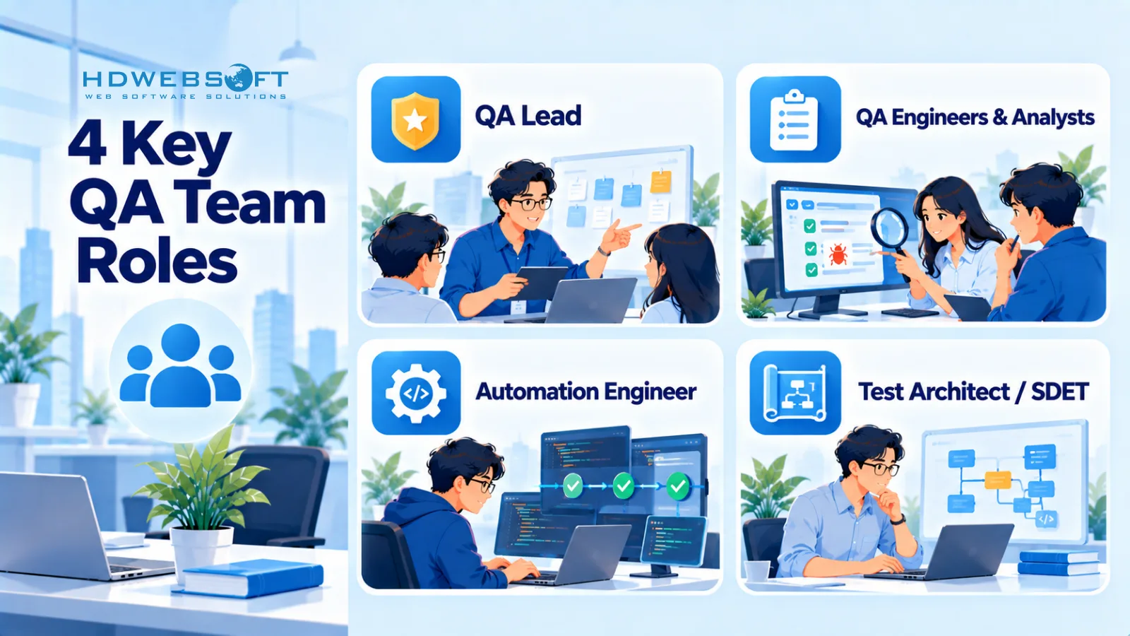 สี่บทบาทหลักในทีม QA ภายนอก: QA lead, QA engineer และ analyst, automation engineer และ test architect SDET