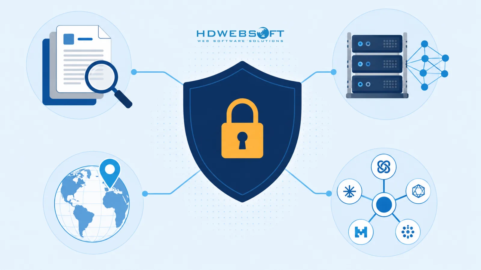 Enterprise-controlled AI use cases: private RAG, self-hosted LLMs, data residency, and multi-model routing, centered around a security shield.