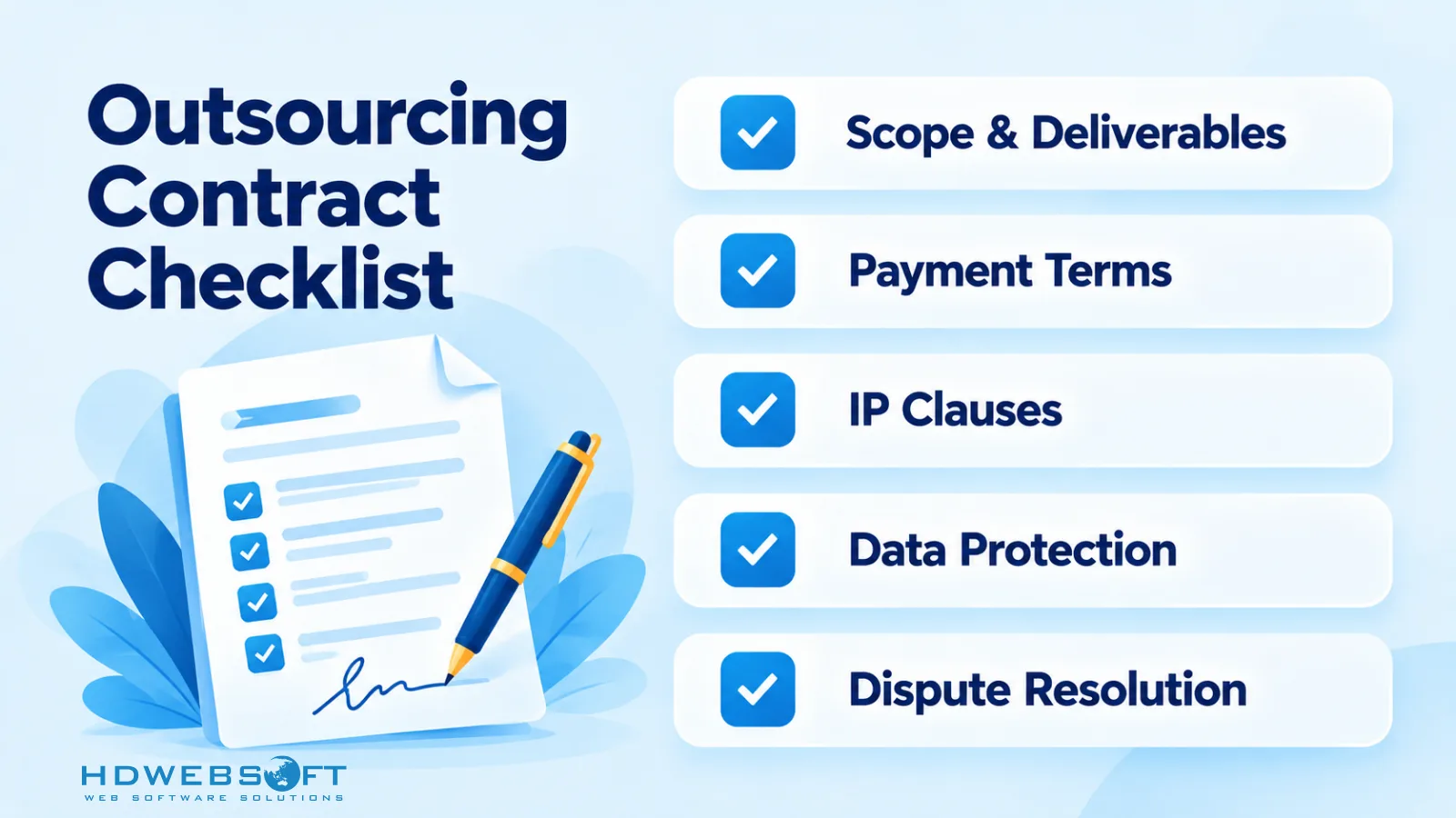 Checklist สัญญา outsourcing ครอบคลุมขอบเขตงาน การชำระเงิน ทรัพย์สินทางปัญญา การคุ้มครองข้อมูล และการแก้ไขข้อพิพาท