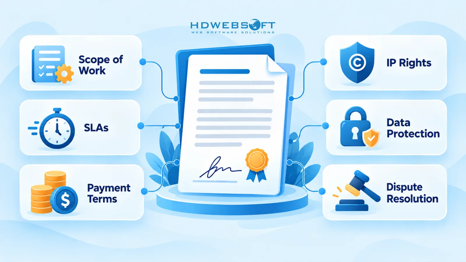 องค์ประกอบสำคัญ 6 ประการของสัญญา software outsourcing: ขอบเขตงาน SLA เงื่อนไขการชำระเงิน ทรัพย์สินทางปัญญา การคุ้มครองข้อมูล และการแก้ไขข้อพิพาท